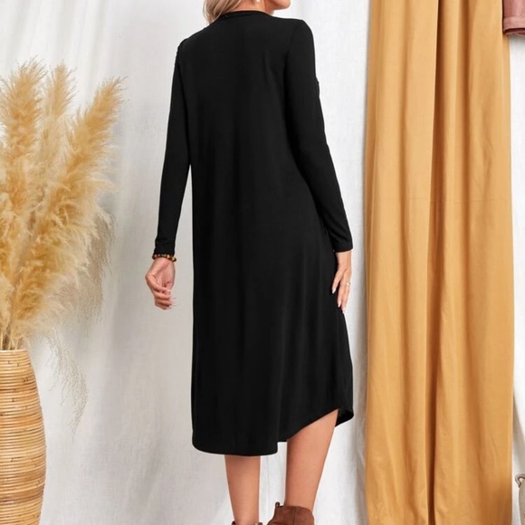 Long sleeve curved hem midi dress POCKETS blue - Picture 6 of 8